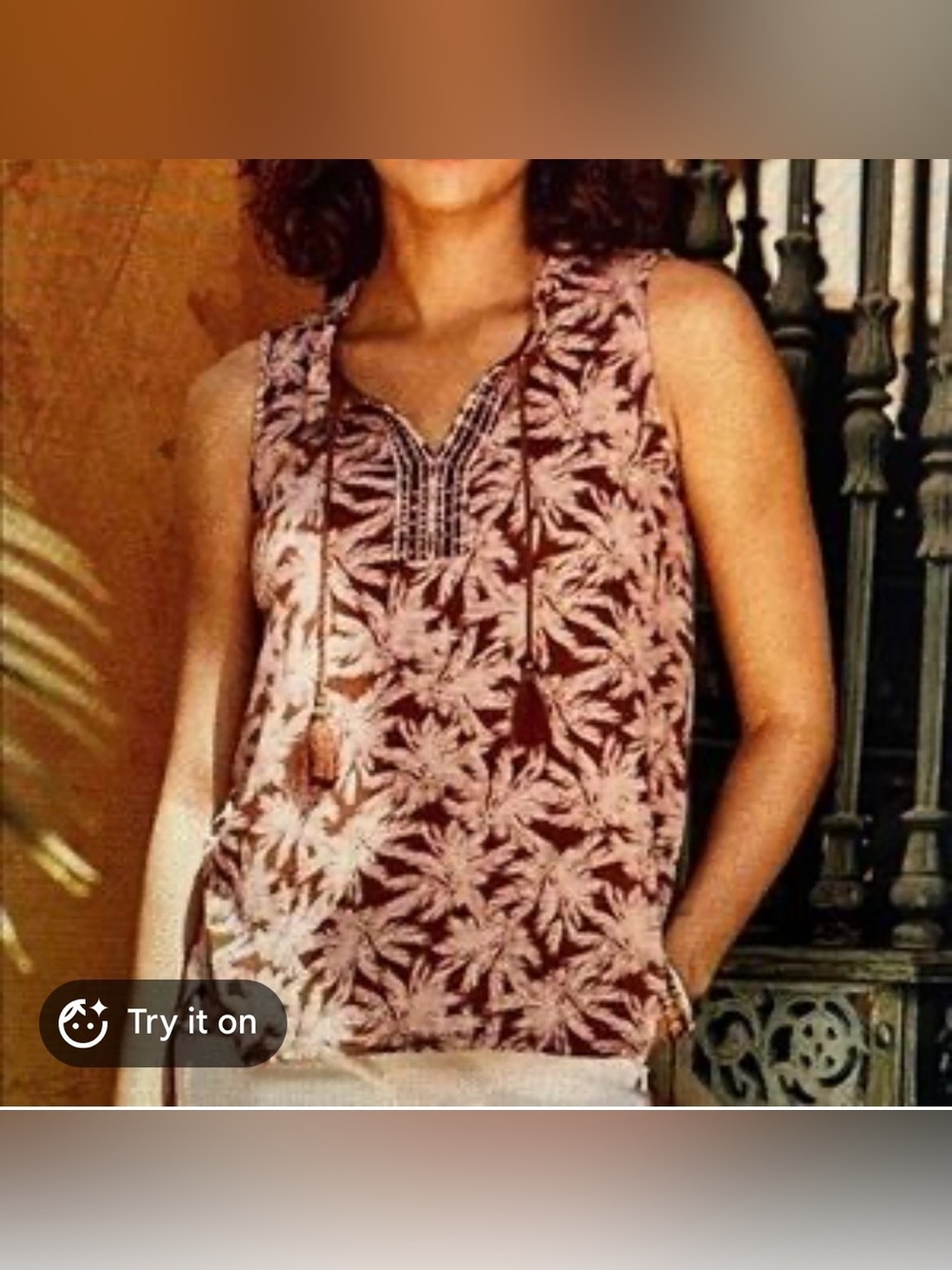 J. Jill Tank Top Embroidered Cotton Modal Brown Leaf Print Tassel Boho Small P